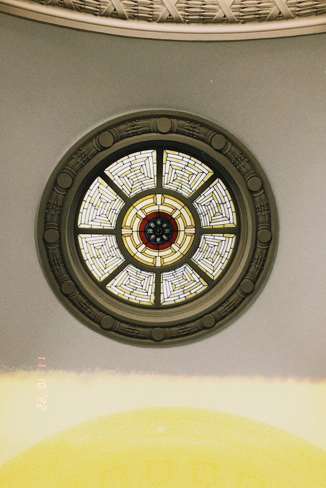 november 10, 2022: a stained glass skylight from the Columbus Metropolitan Library, Main branch.
