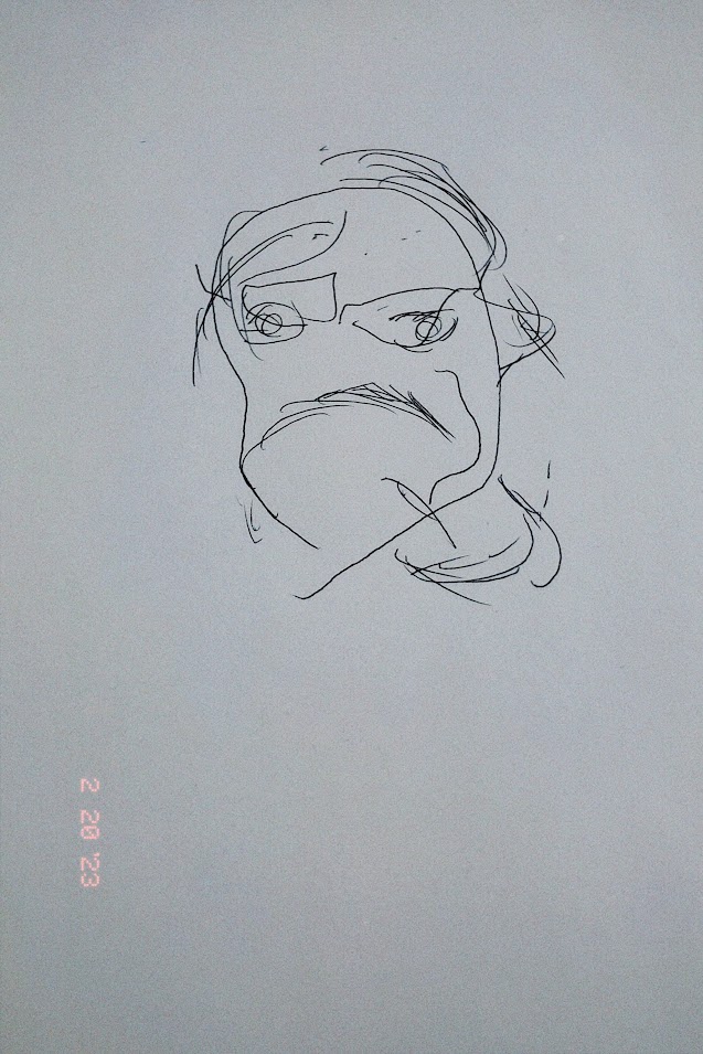 february 20, 2023: a very messy blind contour sketch of a stranger's face.